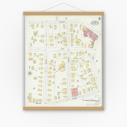 Old map wall art mockup — magnetic wood frame on white wall — Sanborn Fire Insurance Map from Oneonta, Otsego County, New York (1898), Sheet #0005