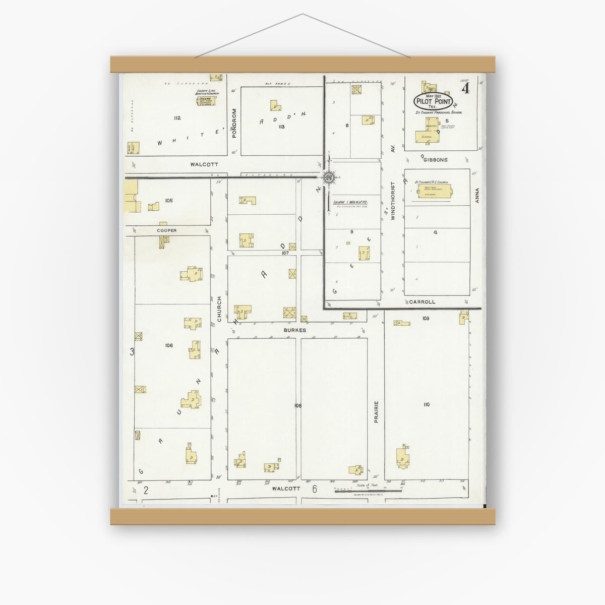 Old map wall art mockup — magnetic wood frame on white wall — Sanborn Fire Insurance Map from Pilot Point, Denton County, Texas (1921), Sheet #0004
