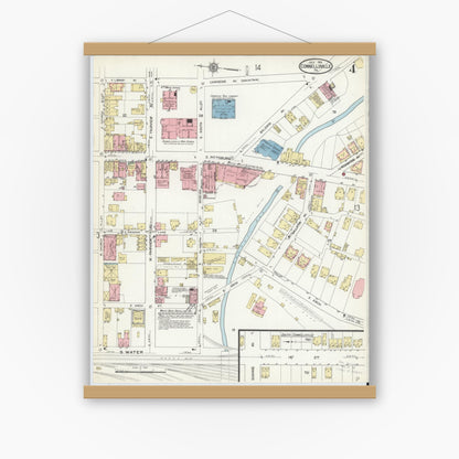 Old map wall art mockup — magnetic wood frame on white wall — Sanborn Fire Insurance Map from Connellsville, Fayette County, Pennsylvania (1914), Sheet #0004