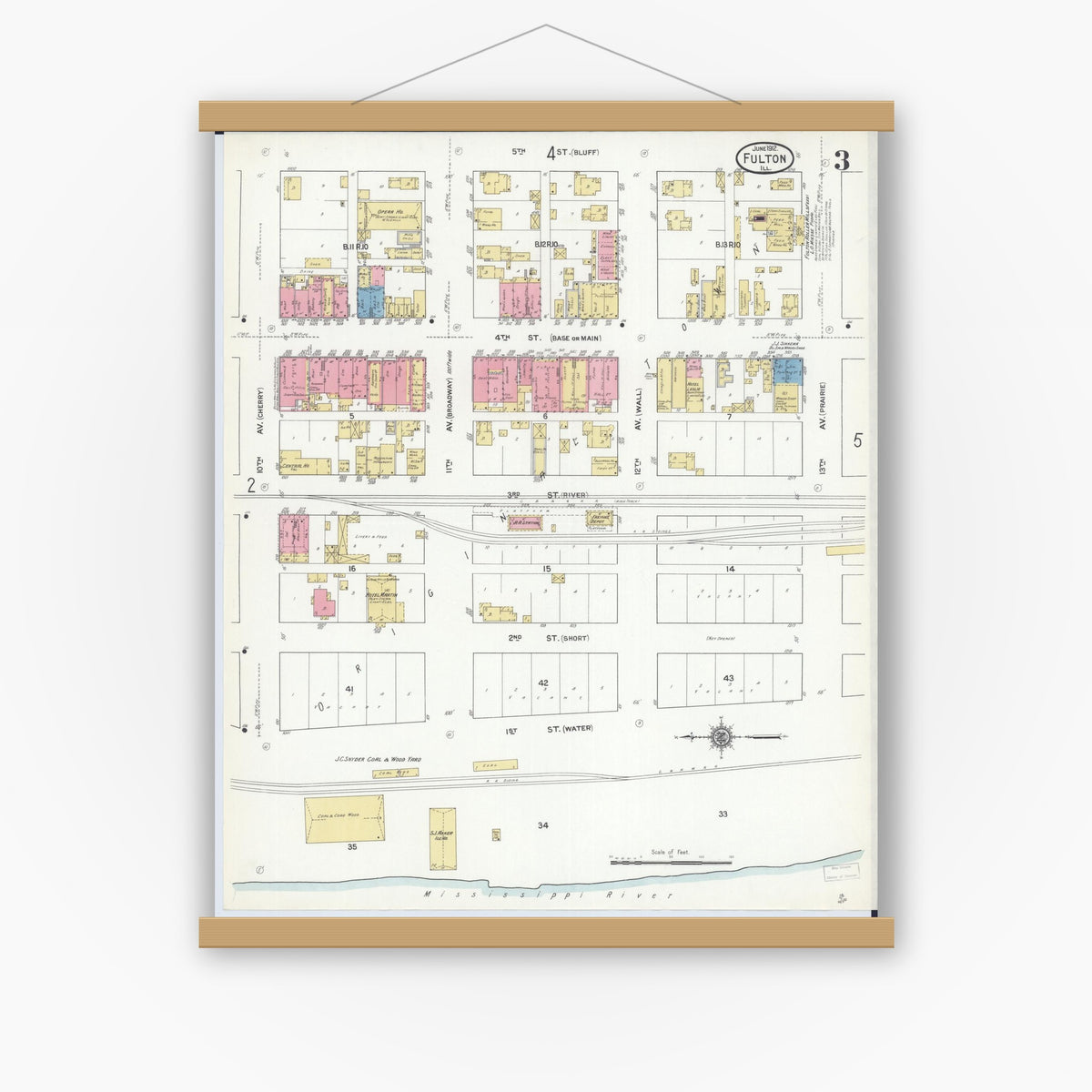 Old map wall art mockup — magnetic wood frame on white wall — Sanborn Fire Insurance Map from Fulton, Whiteside County, Illinois (1912), Sheet #0003