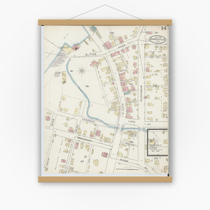 Old map wall art mockup — magnetic wood frame on white wall — Sanborn Fire Insurance Map from Zanesville, Muskingum County, Ohio (1886), Sheet #0014