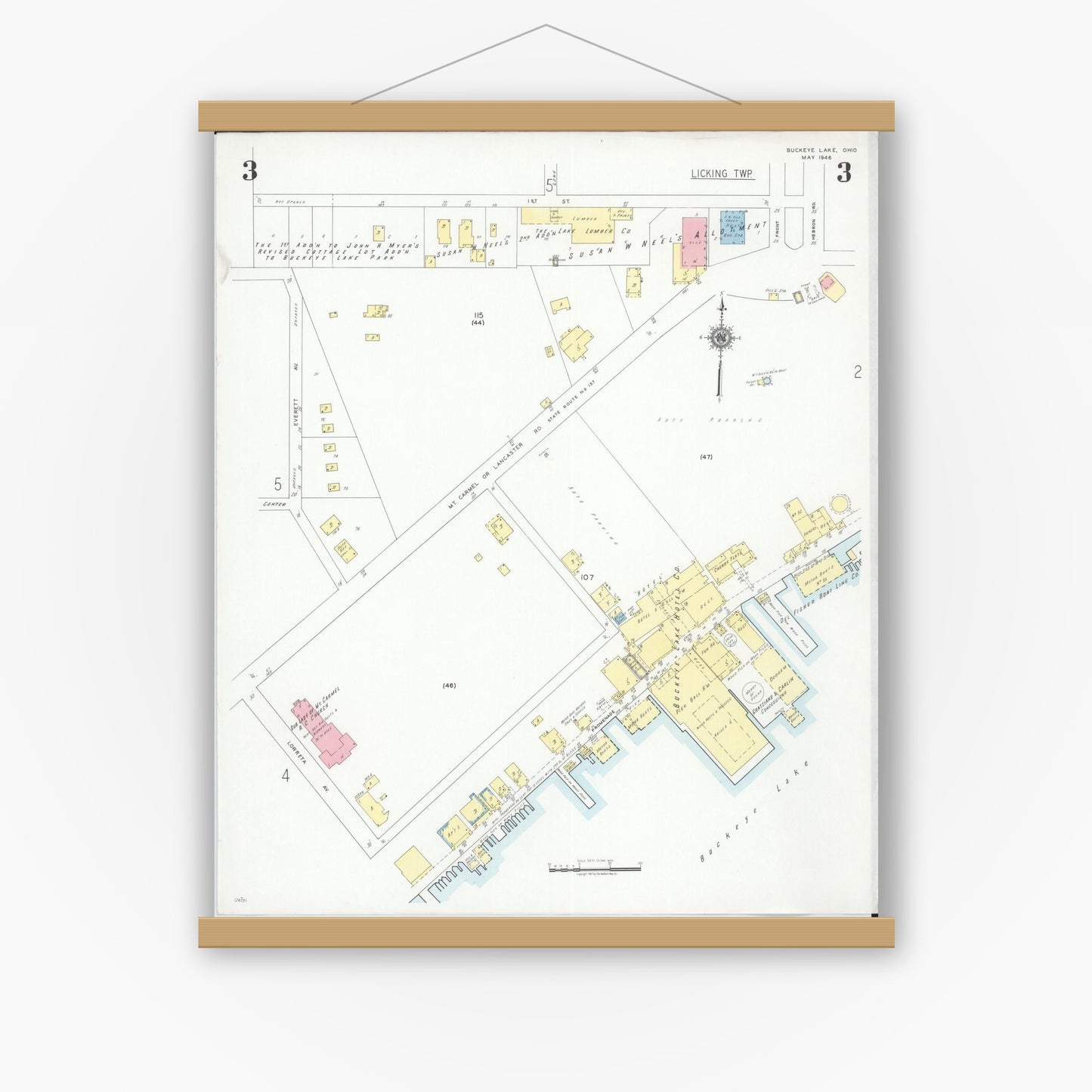 Old map wall art mockup — magnetic wood frame on white wall — Sanborn Fire Insurance Map from Buckeye Lake, Licking County, Ohio (1946), Sheet #0003