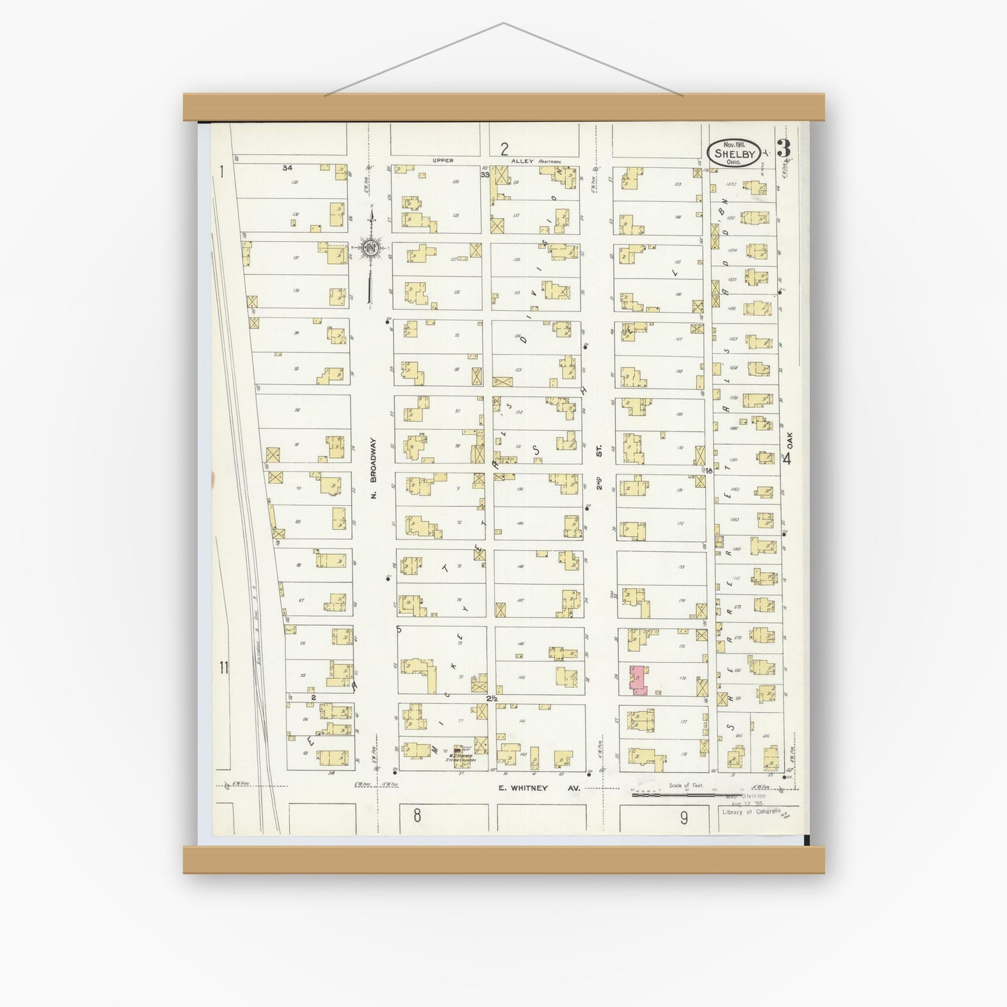 Old map wall art mockup — magnetic wood frame on white wall — Sanborn Fire Insurance Map from Shelby, Richland County, Ohio (1911), Sheet #0003