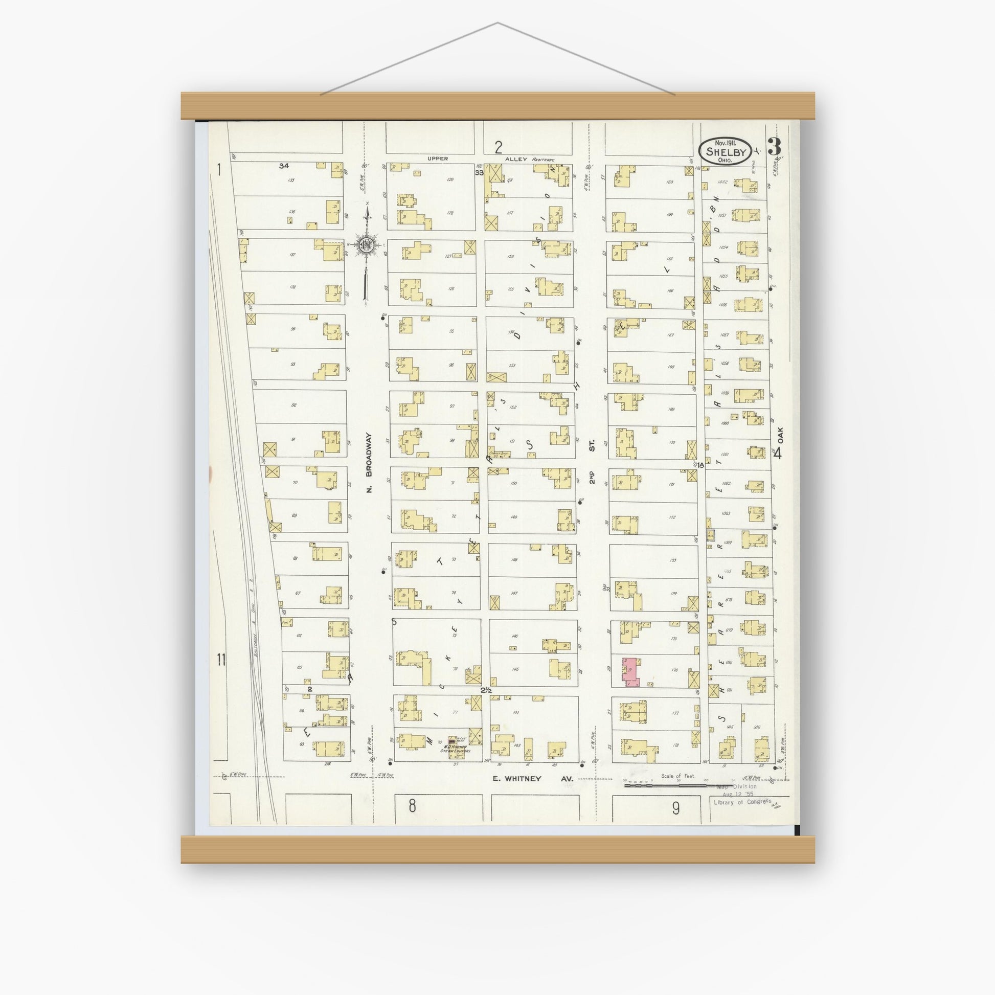 Old map wall art mockup — magnetic wood frame on white wall — Sanborn Fire Insurance Map from Shelby, Richland County, Ohio (1911), Sheet #0003