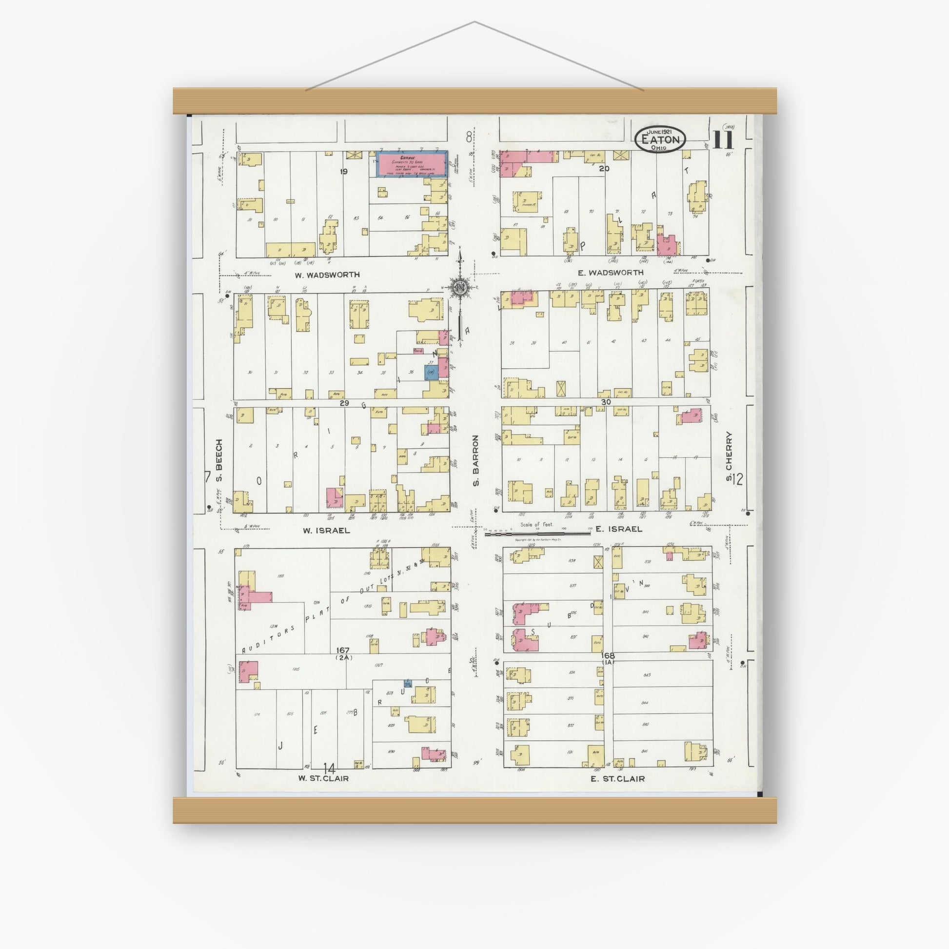 Old map wall art mockup — magnetic wood frame on white wall — Sanborn Fire Insurance Map from Eaton, Preble County, Ohio (1921), Sheet #0011