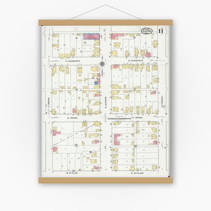 Old map wall art mockup — magnetic wood frame on white wall — Sanborn Fire Insurance Map from Eaton, Preble County, Ohio (1921), Sheet #0011