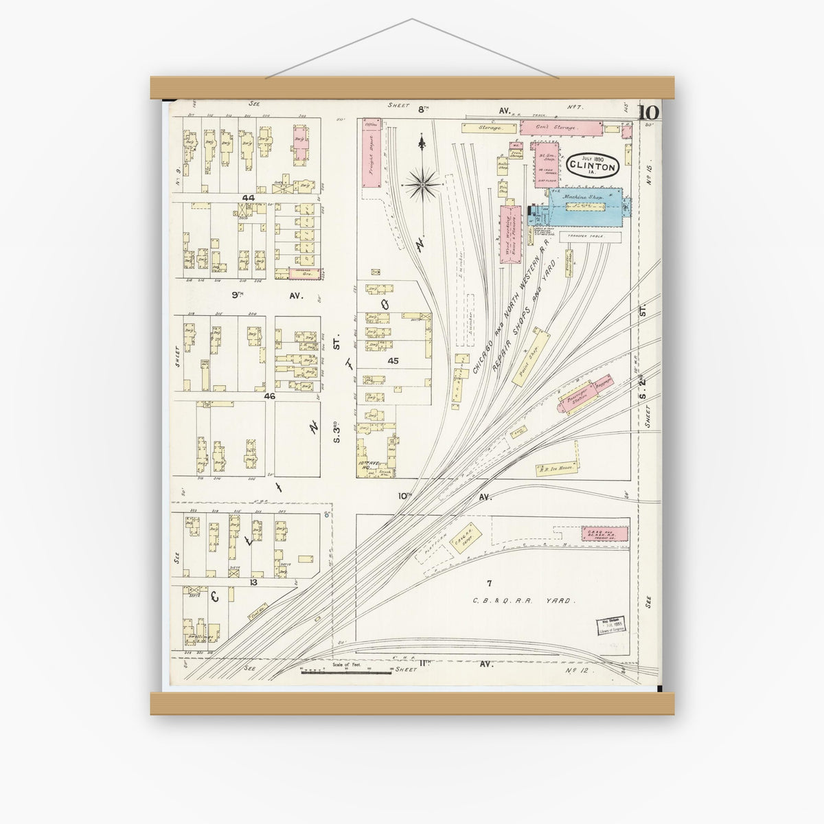 Old map wall art mockup — magnetic wood frame on white wall — Sanborn Fire Insurance Map from Clinton, Clinton County, Iowa (1890), Sheet #0010