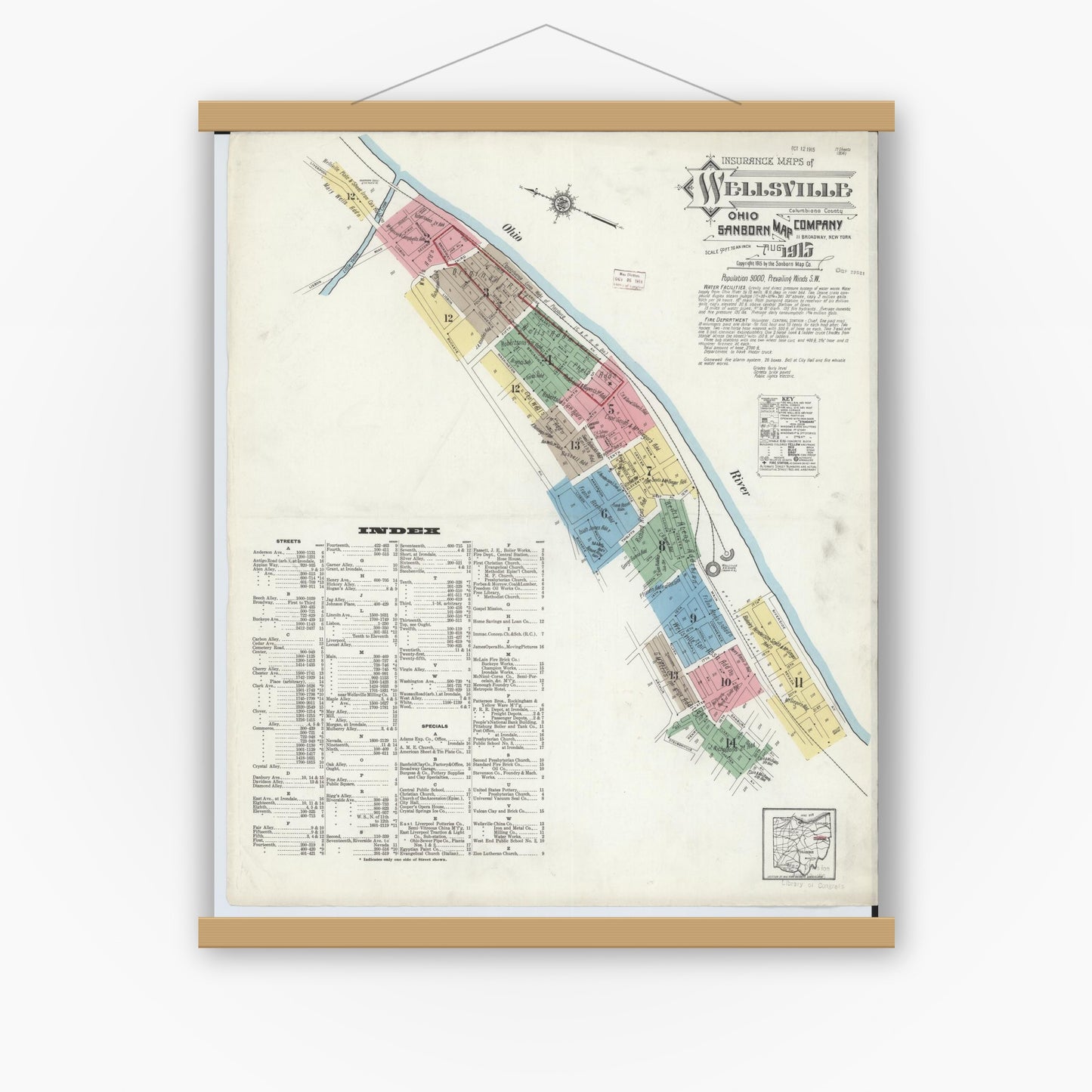 Old map wall art mockup — magnetic wood frame on white wall — Sanborn Fire Insurance Map from Wellsville, Columbiana County, Ohio (1915), Sheet #0001