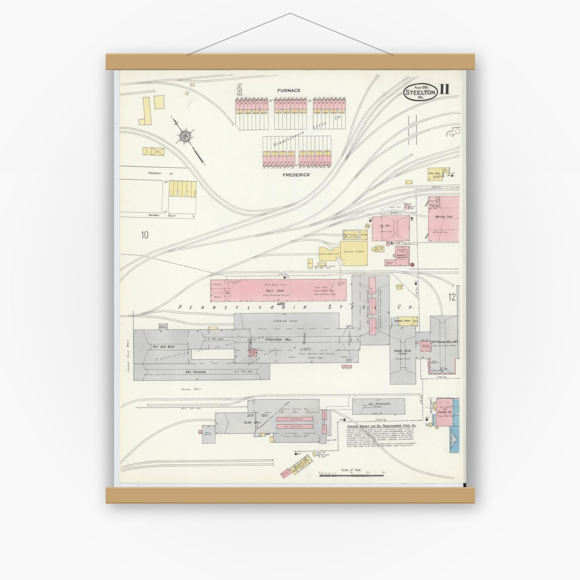 Old map wall art mockup — magnetic wood frame on white wall — Sanborn Fire Insurance Map from Steelton, Dauphin County, Pennsylvania (1915), Sheet #0011