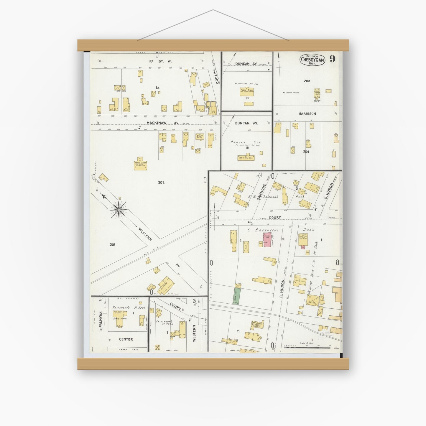 Old map wall art mockup — magnetic wood frame on white wall — Sanborn Fire Insurance Map from Cheboygan, Cheboygan County, Michigan (1900), Sheet #0009