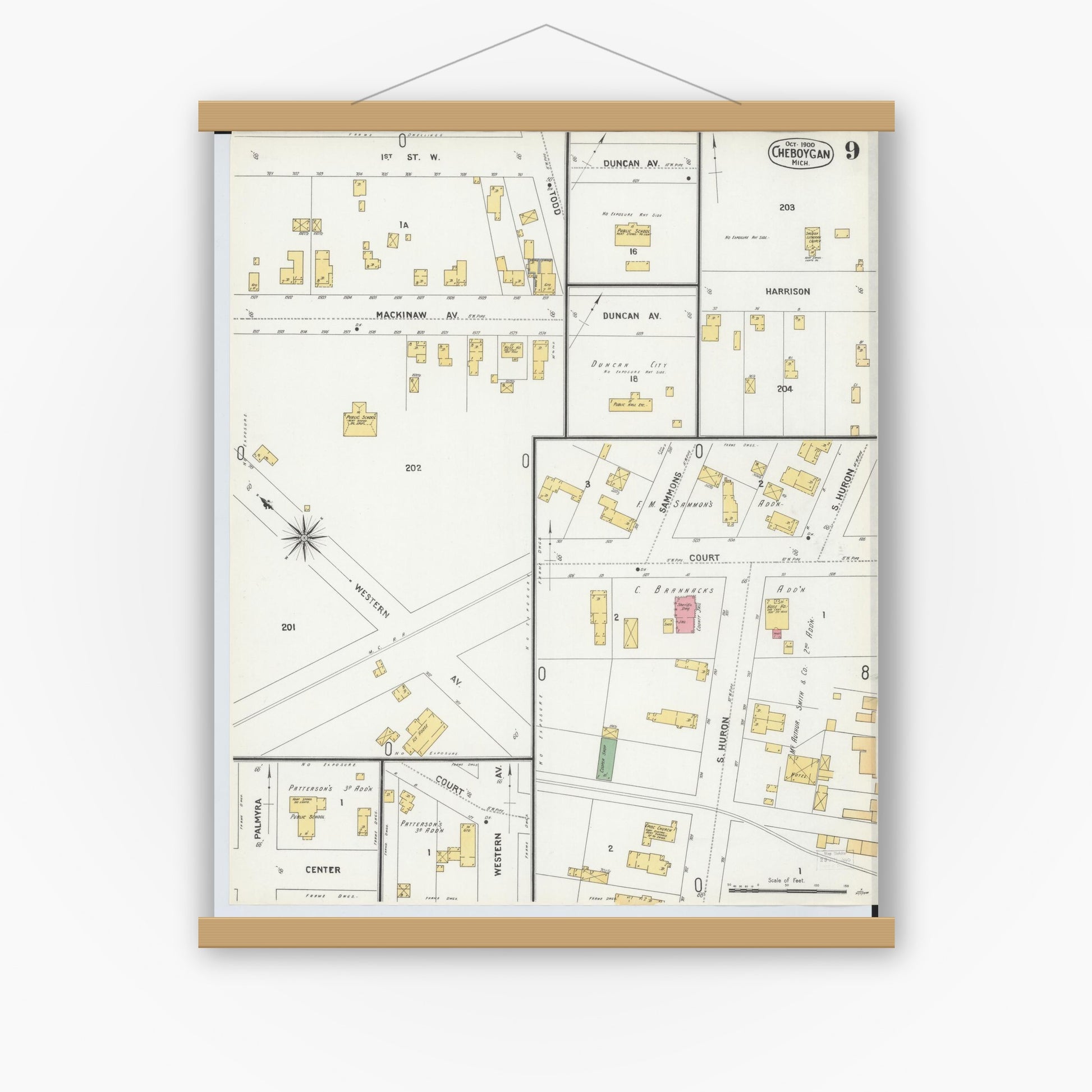 Old map wall art mockup — magnetic wood frame on white wall — Sanborn Fire Insurance Map from Cheboygan, Cheboygan County, Michigan (1900), Sheet #0009