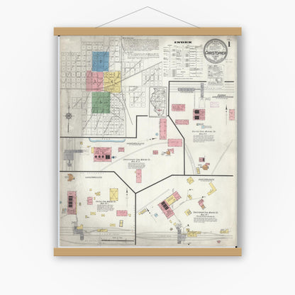 Old map wall art mockup — magnetic wood frame on white wall — Sanborn Fire Insurance Map from Christopher, Franklin County, Illinois (1916), Sheet #0001