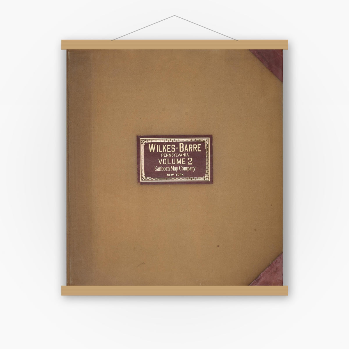 Old map wall art mockup — magnetic wood frame on white wall — Sanborn Fire Insurance Map from Wilkes Barre, Luzerne County, Pennsylvania (1950), Sheet #0001