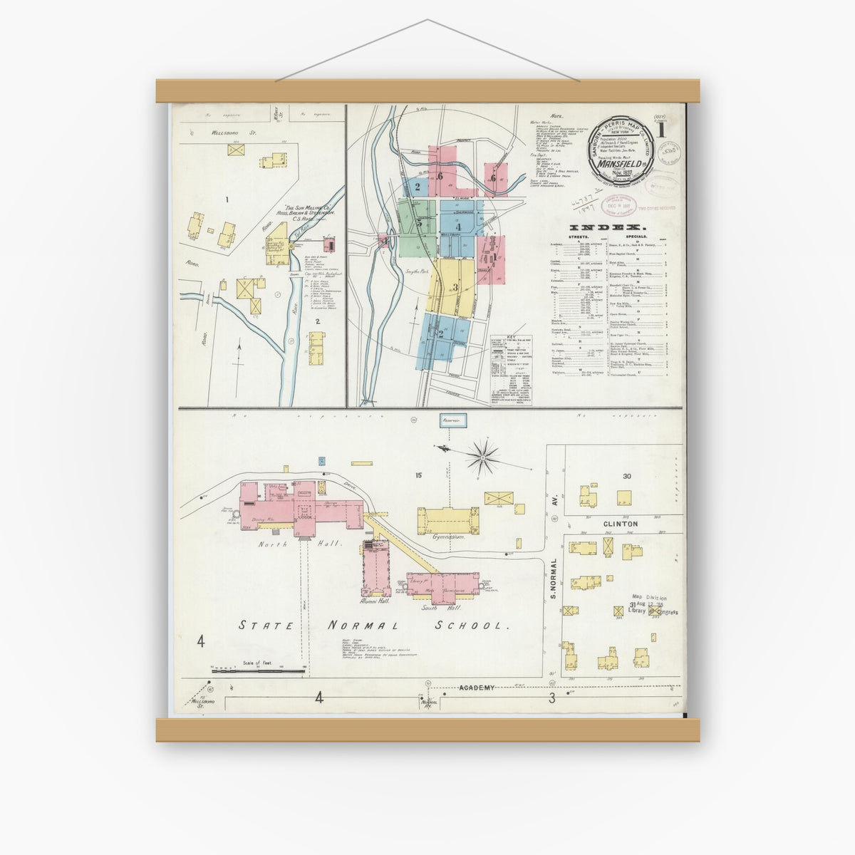 Old map wall art mockup — magnetic wood frame on white wall — Sanborn Fire Insurance Map from Mansfield, Tioga County, Pennsylvania (1897), Sheet #0001