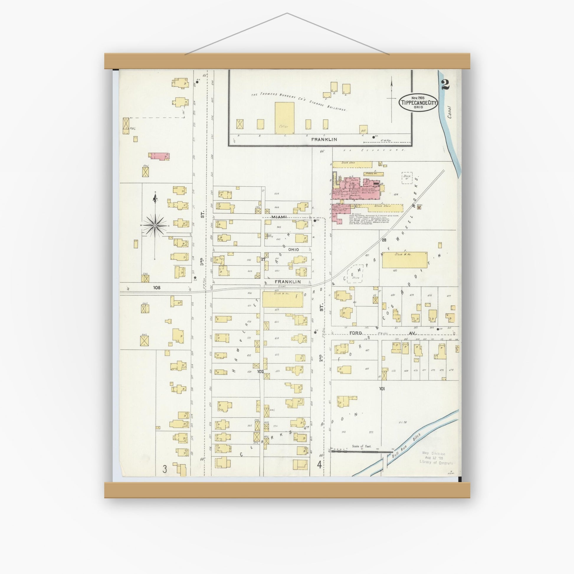 Old map wall art mockup — magnetic wood frame on white wall — Sanborn Fire Insurance Map from Tipp City, Miami County, Ohio (1905), Sheet #0002