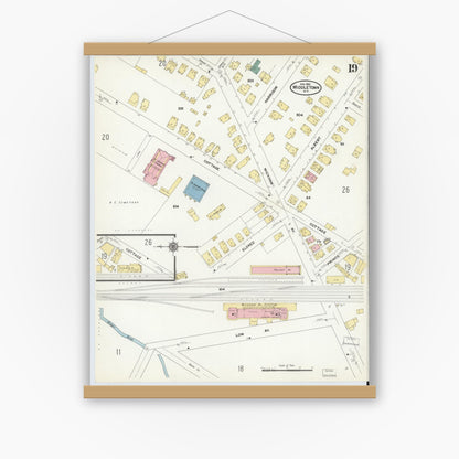 Old map wall art mockup — magnetic wood frame on white wall — Sanborn Fire Insurance Map from Middletown, Orange County, New York (1910), Sheet #0019