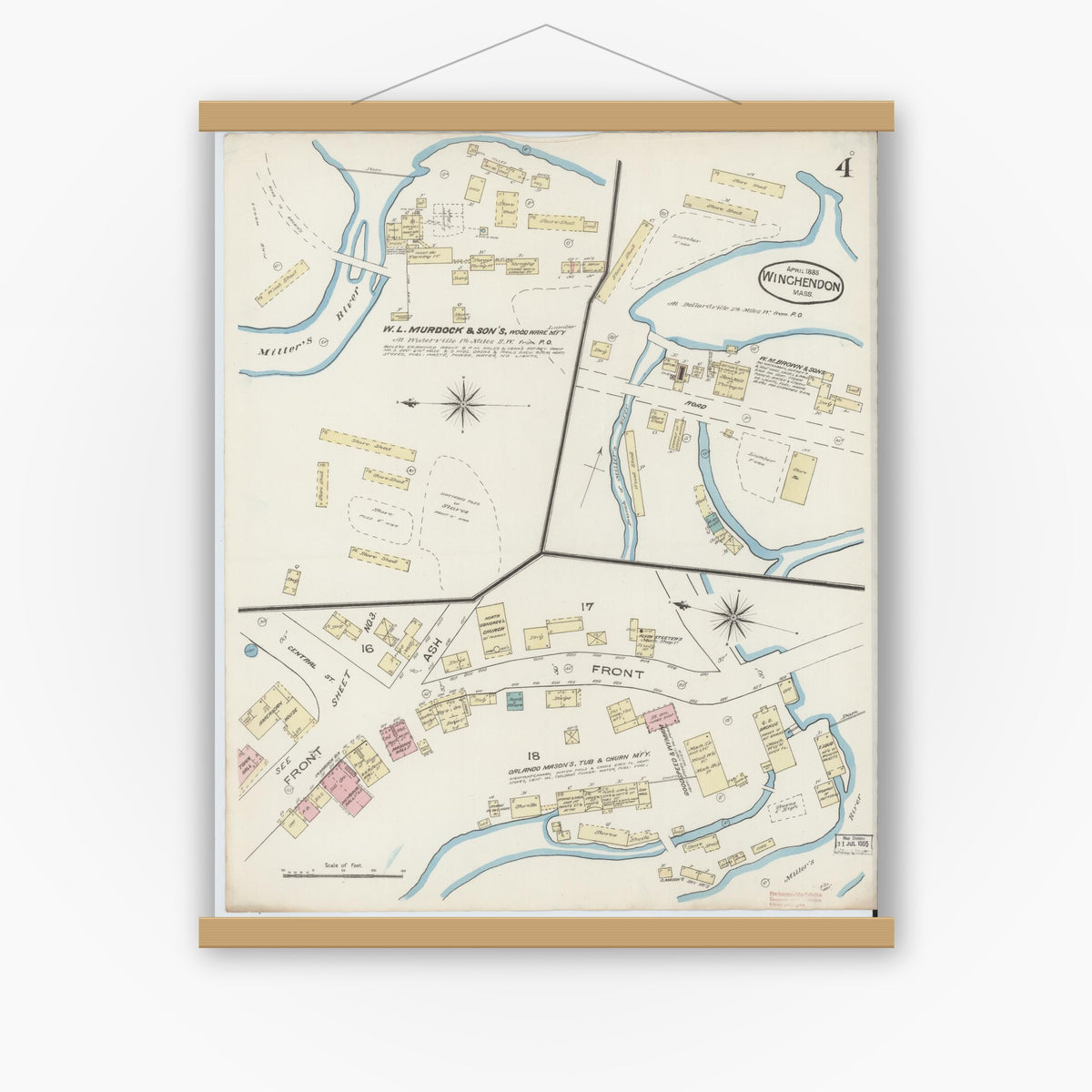 Old map wall art mockup — magnetic wood frame on white wall — Sanborn Fire Insurance Map from Winchendon, Worcester County, Massachusetts (1885), Sheet #0004
