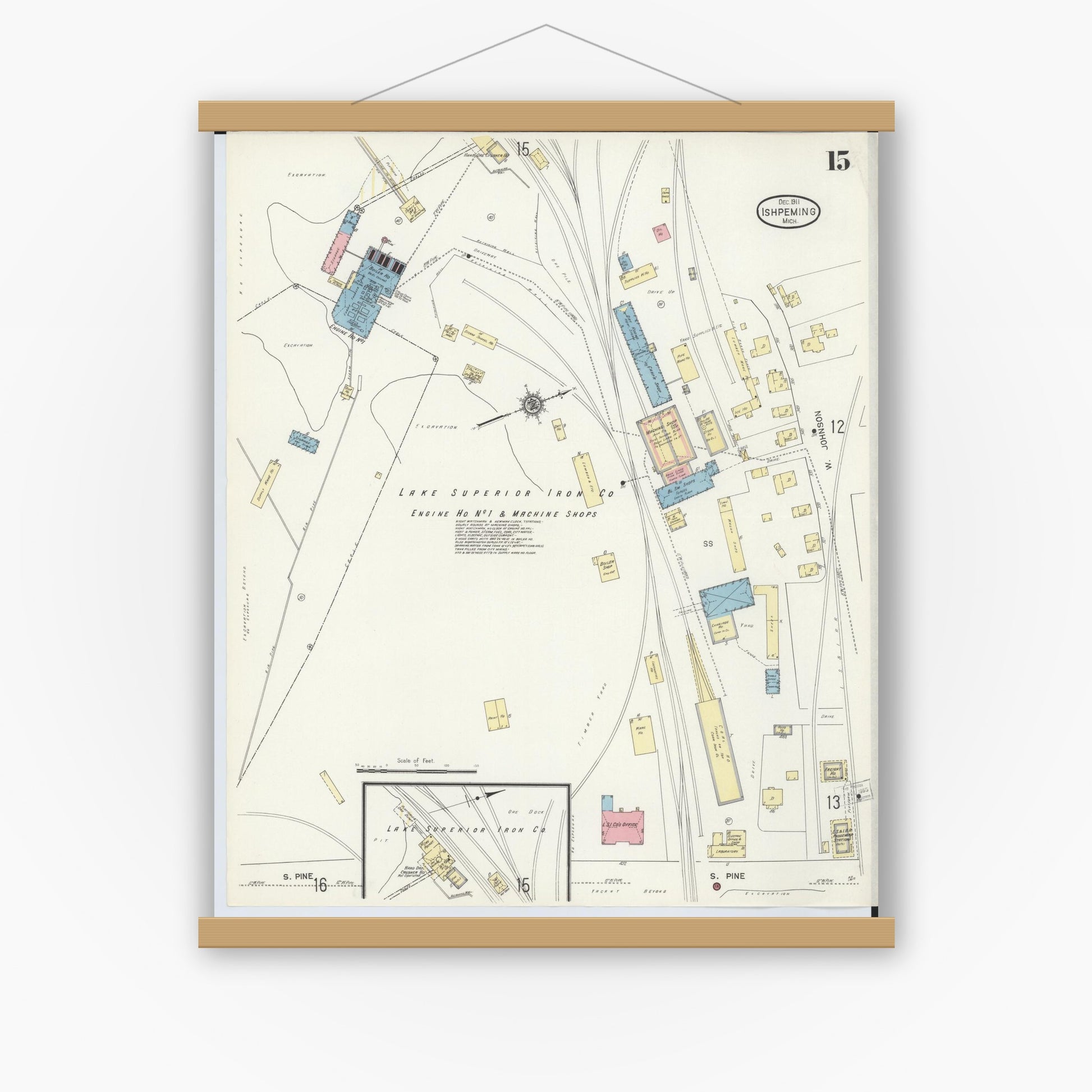 Old map wall art mockup — magnetic wood frame on white wall — Sanborn Fire Insurance Map from Ishpeming, Marquette County, Michigan (1911), Sheet #0015