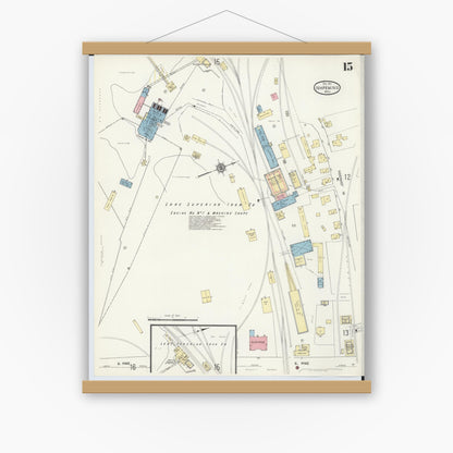 Old map wall art mockup — magnetic wood frame on white wall — Sanborn Fire Insurance Map from Ishpeming, Marquette County, Michigan (1911), Sheet #0015
