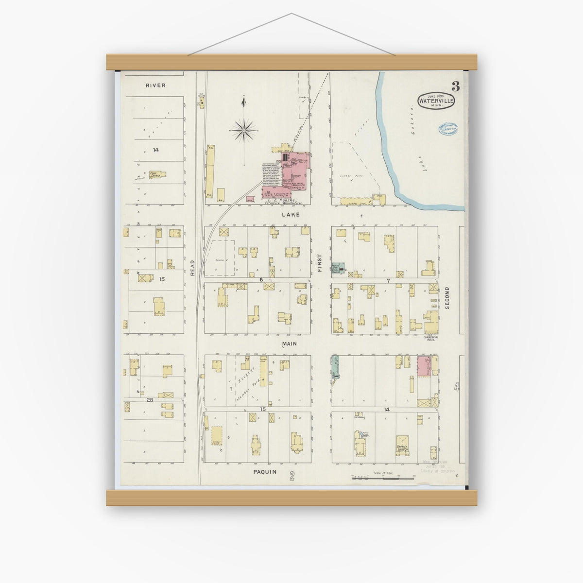 Old map wall art mockup — magnetic wood frame on white wall — Sanborn Fire Insurance Map from Waterville, Le Sueur County, Minnesota (1894), Sheet #0003