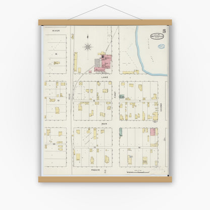 Old map wall art mockup — magnetic wood frame on white wall — Sanborn Fire Insurance Map from Waterville, Le Sueur County, Minnesota (1894), Sheet #0003