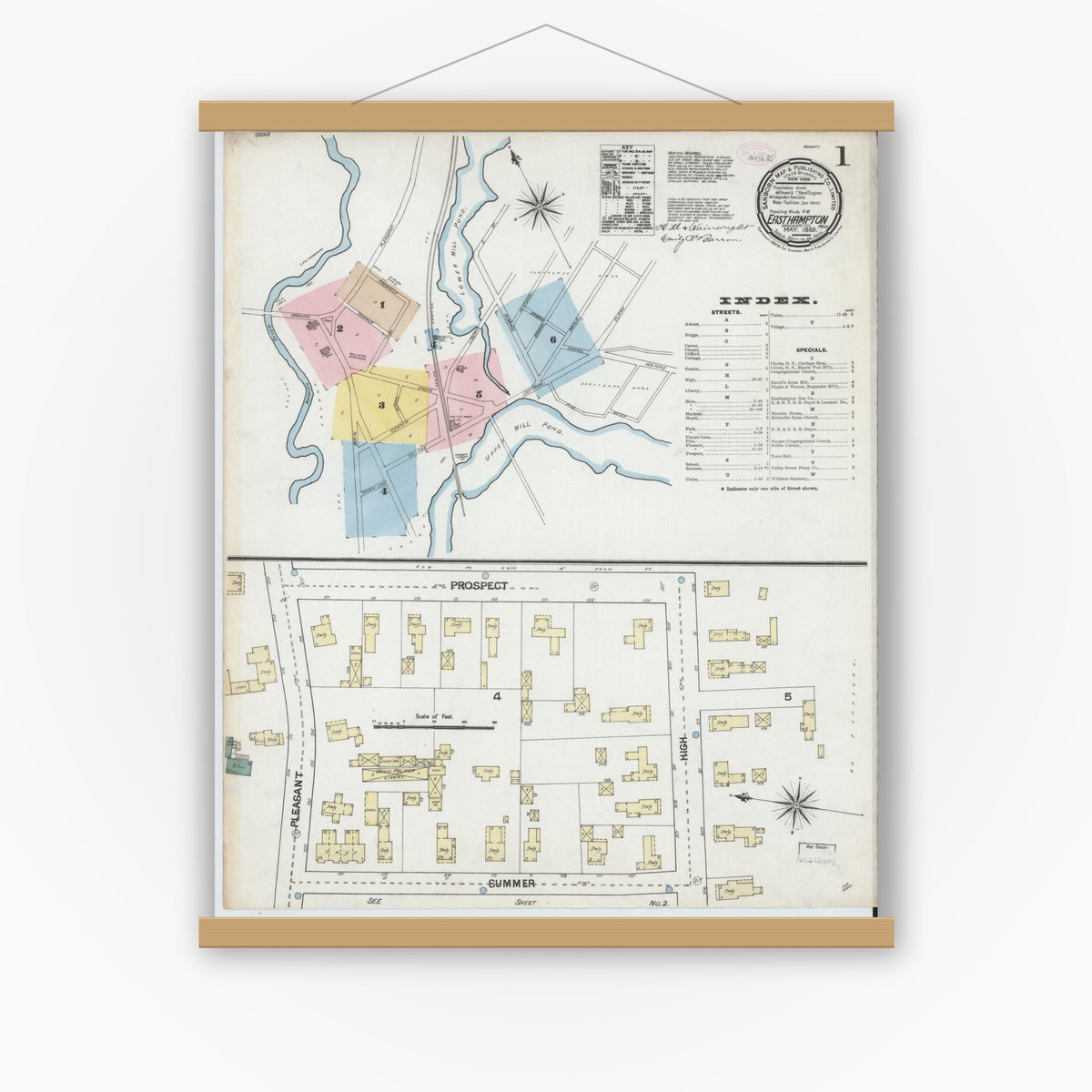 Old map wall art mockup — magnetic wood frame on white wall — Sanborn Fire Insurance Map from East Hampton, Hampshire County, Massachusetts (1889), Sheet #0001