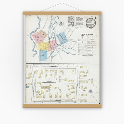 Old map wall art mockup — magnetic wood frame on white wall — Sanborn Fire Insurance Map from East Hampton, Hampshire County, Massachusetts (1889), Sheet #0001