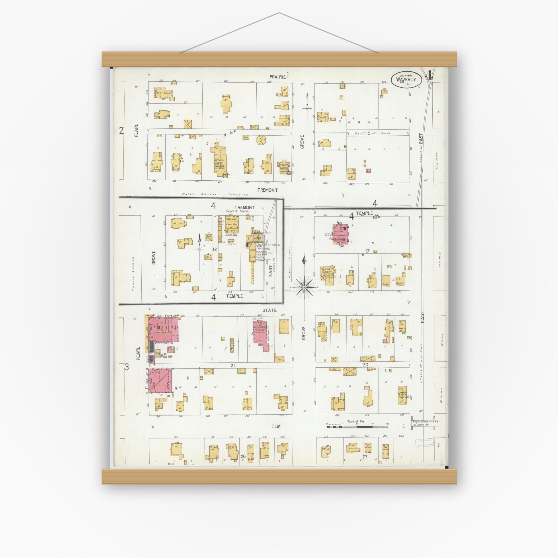 Old map wall art mockup — magnetic wood frame on white wall — Sanborn Fire Insurance Map from Waverly, Morgan County, Illinois (1906), Sheet #0004