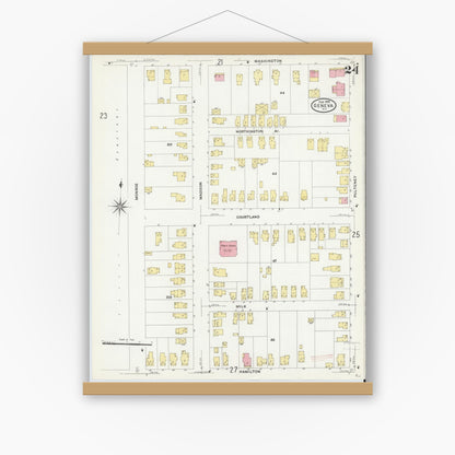 Old map wall art mockup — magnetic wood frame on white wall — Sanborn Fire Insurance Map from Geneva, Ontario County, New York (1909), Sheet #0024