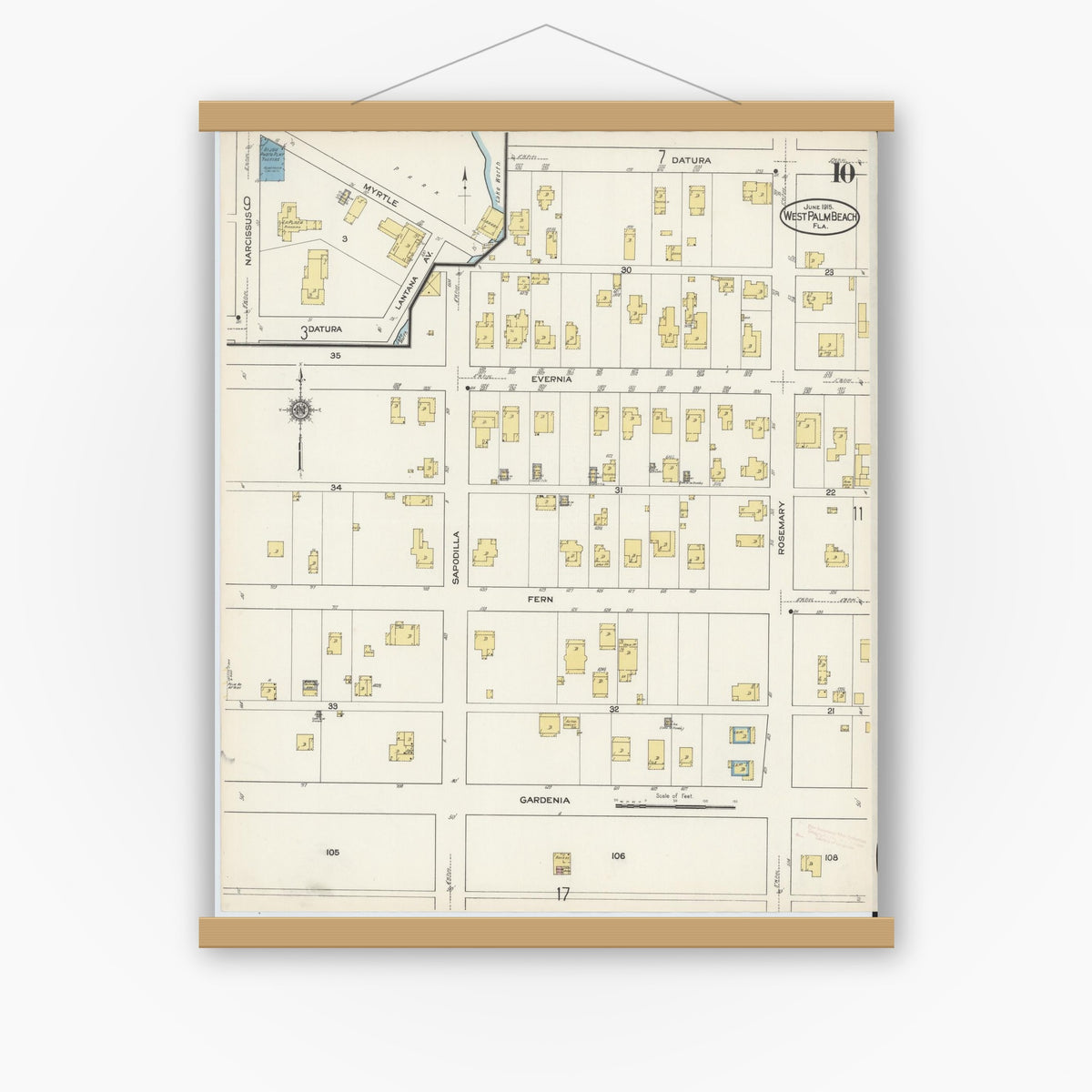 Old map wall art mockup — magnetic wood frame on white wall — Sanborn Fire Insurance Map from West Palm Beach, Dade County, Florida (1915), Sheet #0010
