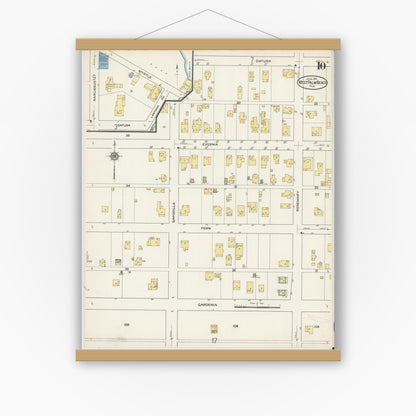 Old map wall art mockup — magnetic wood frame on white wall — Sanborn Fire Insurance Map from West Palm Beach, Dade County, Florida (1915), Sheet #0010