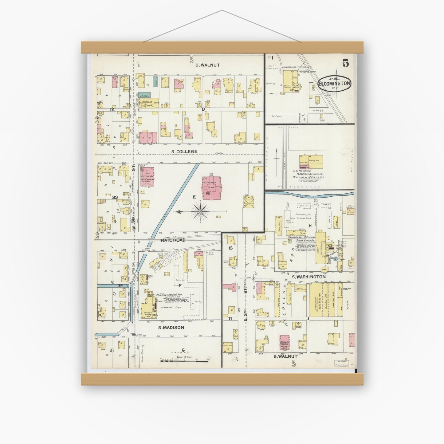Old map wall art mockup — magnetic wood frame on white wall — Sanborn Fire Insurance Map from Bloomington, Monroe County, Indiana (1892), Sheet #0005