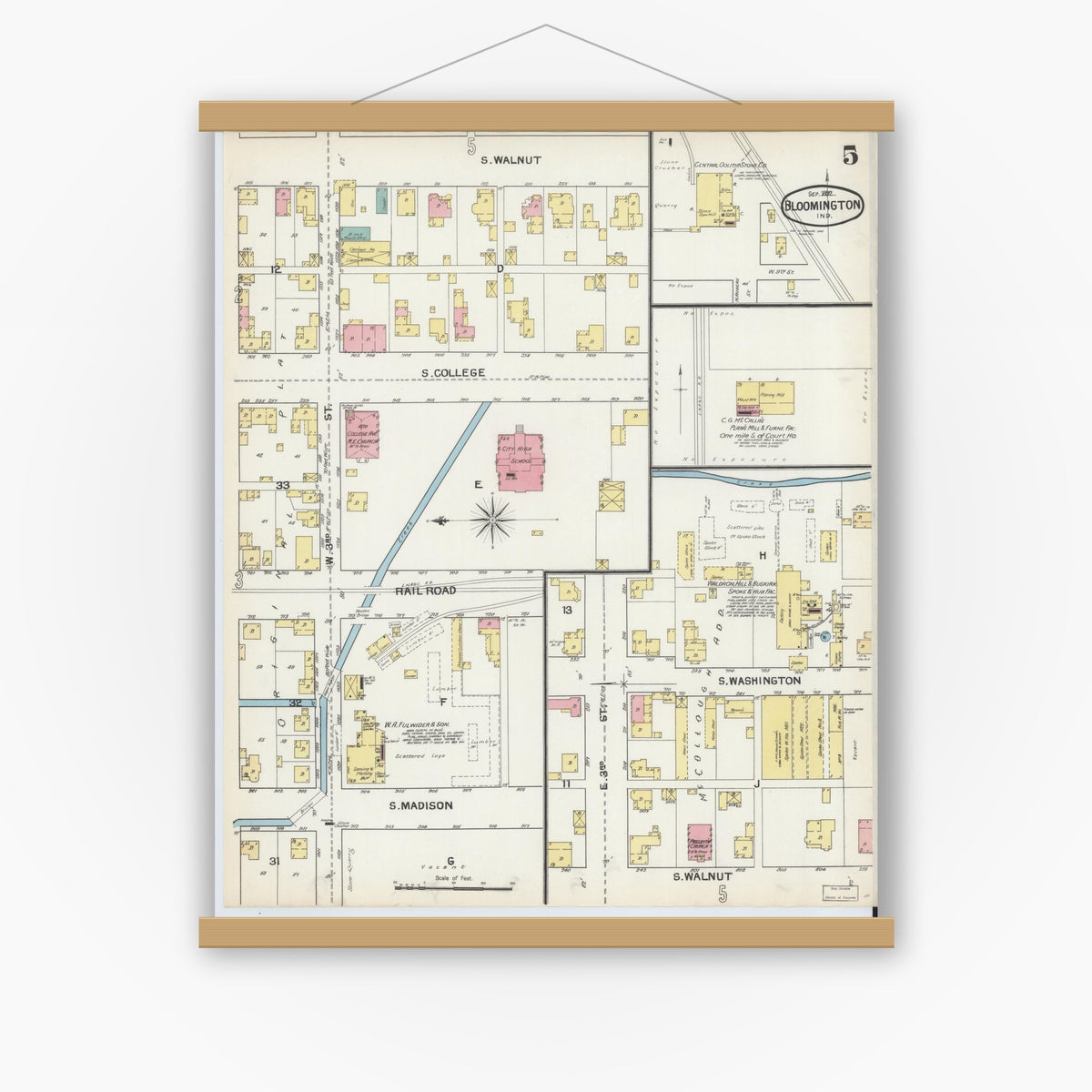 Old map wall art mockup — magnetic wood frame on white wall — Sanborn Fire Insurance Map from Bloomington, Monroe County, Indiana (1892), Sheet #0005