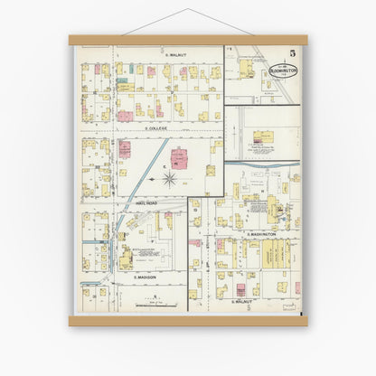 Old map wall art mockup — magnetic wood frame on white wall — Sanborn Fire Insurance Map from Bloomington, Monroe County, Indiana (1892), Sheet #0005