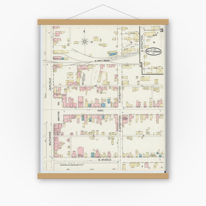 Old map wall art mockup — magnetic wood frame on white wall — Sanborn Fire Insurance Map from Gettysburg, Adams County, Pennsylvania (1891), Sheet #0003