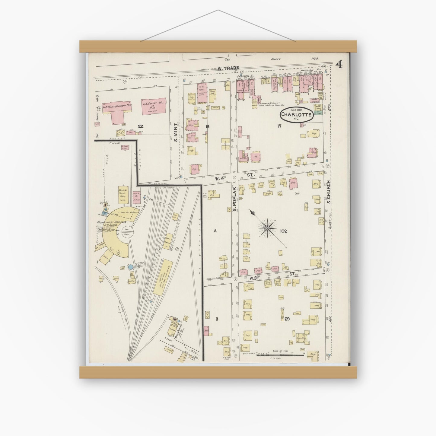 Old map wall art mockup — magnetic wood frame on white wall — Sanborn Fire Insurance Map from Charlotte, Mecklenburg County, North Carolina (1890), Sheet #0004