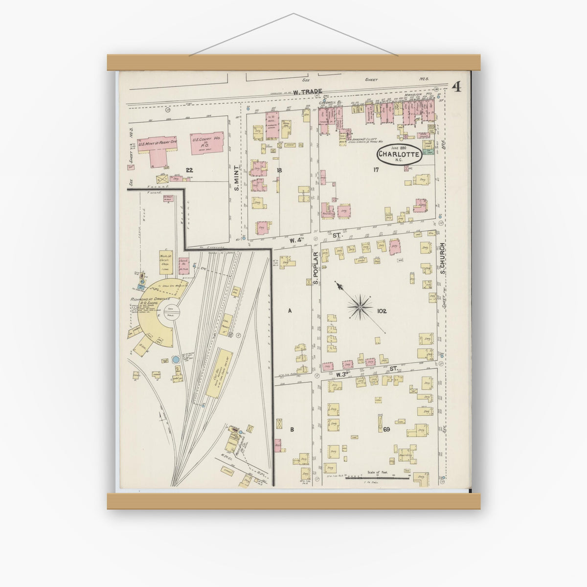 Old map wall art mockup — magnetic wood frame on white wall — Sanborn Fire Insurance Map from Charlotte, Mecklenburg County, North Carolina (1890), Sheet #0004