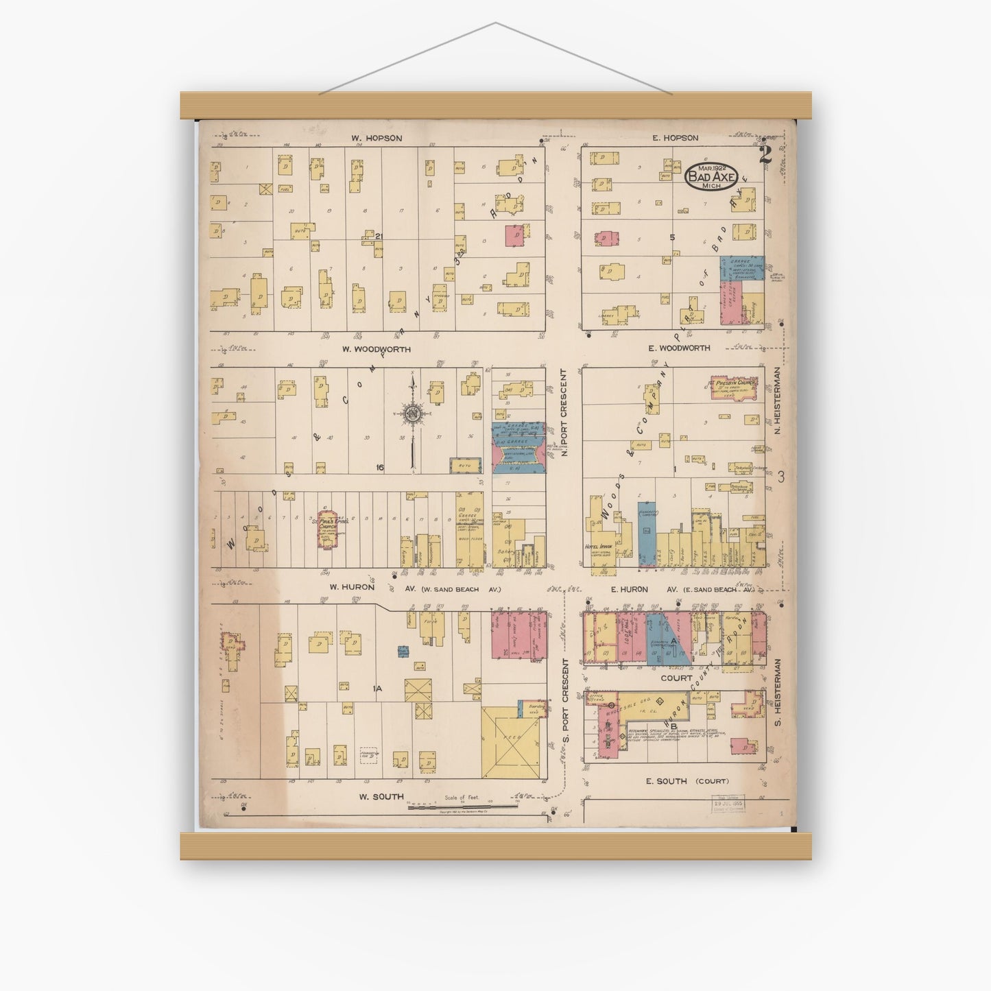 Old map wall art mockup — magnetic wood frame on white wall — Sanborn Fire Insurance Map from Bad Axe, Huron County, Michigan (1922), Sheet #0002