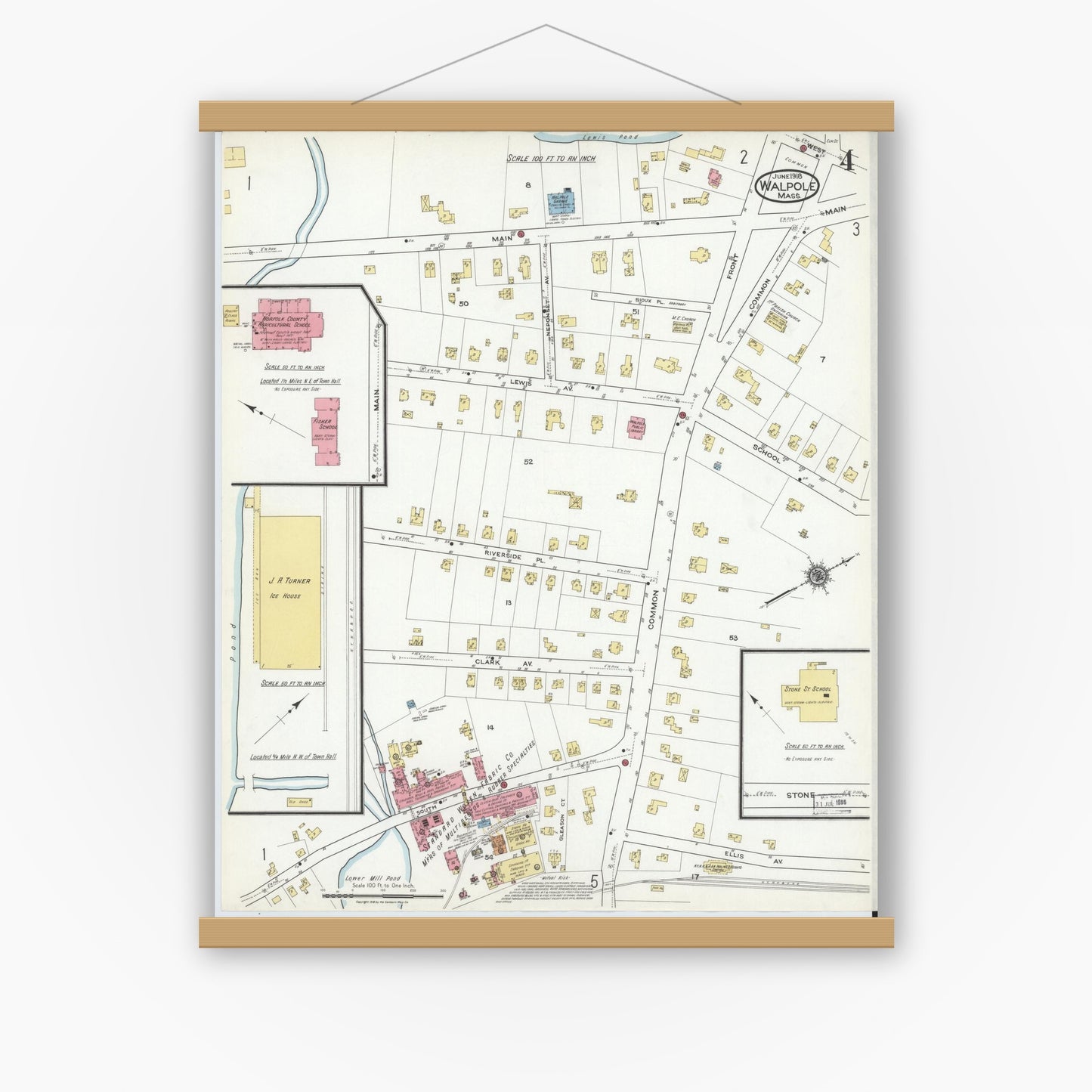 Old map wall art mockup — magnetic wood frame on white wall — Sanborn Fire Insurance Map from Walpole, Norfolk County, Massachusetts (1918), Sheet #0004