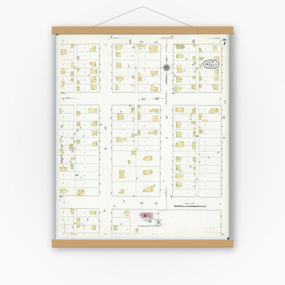 Old map wall art mockup — magnetic wood frame on white wall — Sanborn Fire Insurance Map from Wells, Faribault County, Minnesota (1909), Sheet #0007