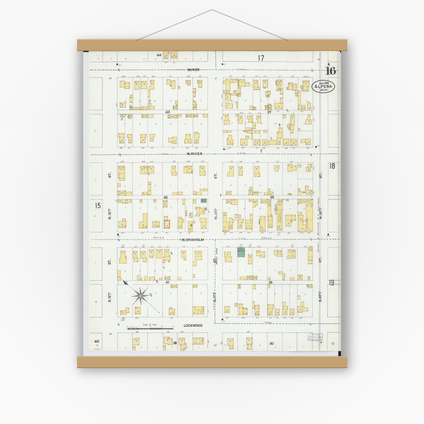Old map wall art mockup — magnetic wood frame on white wall — Sanborn Fire Insurance Map from Alpena, Alpena County, Michigan (1901), Sheet #0016