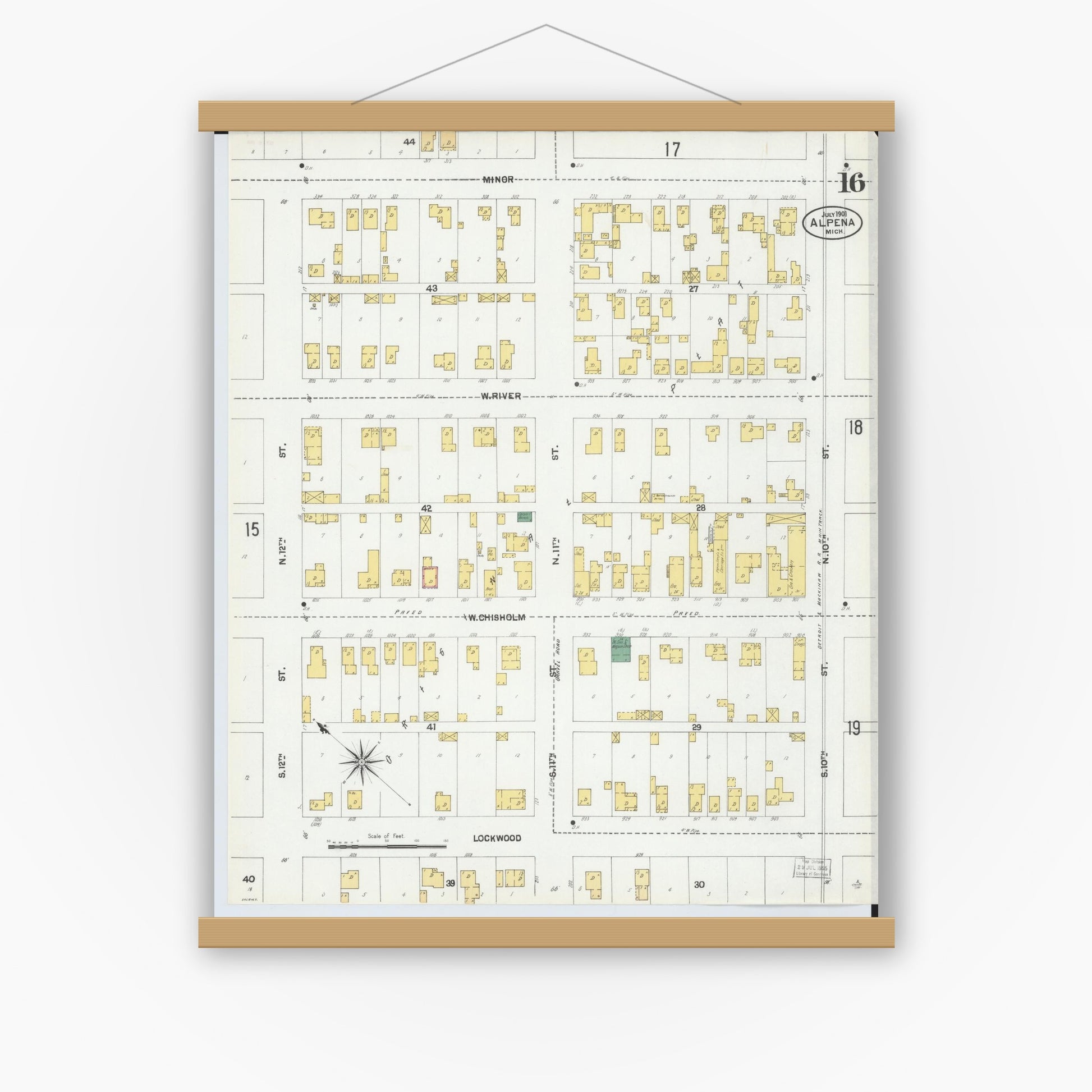 Old map wall art mockup — magnetic wood frame on white wall — Sanborn Fire Insurance Map from Alpena, Alpena County, Michigan (1901), Sheet #0016