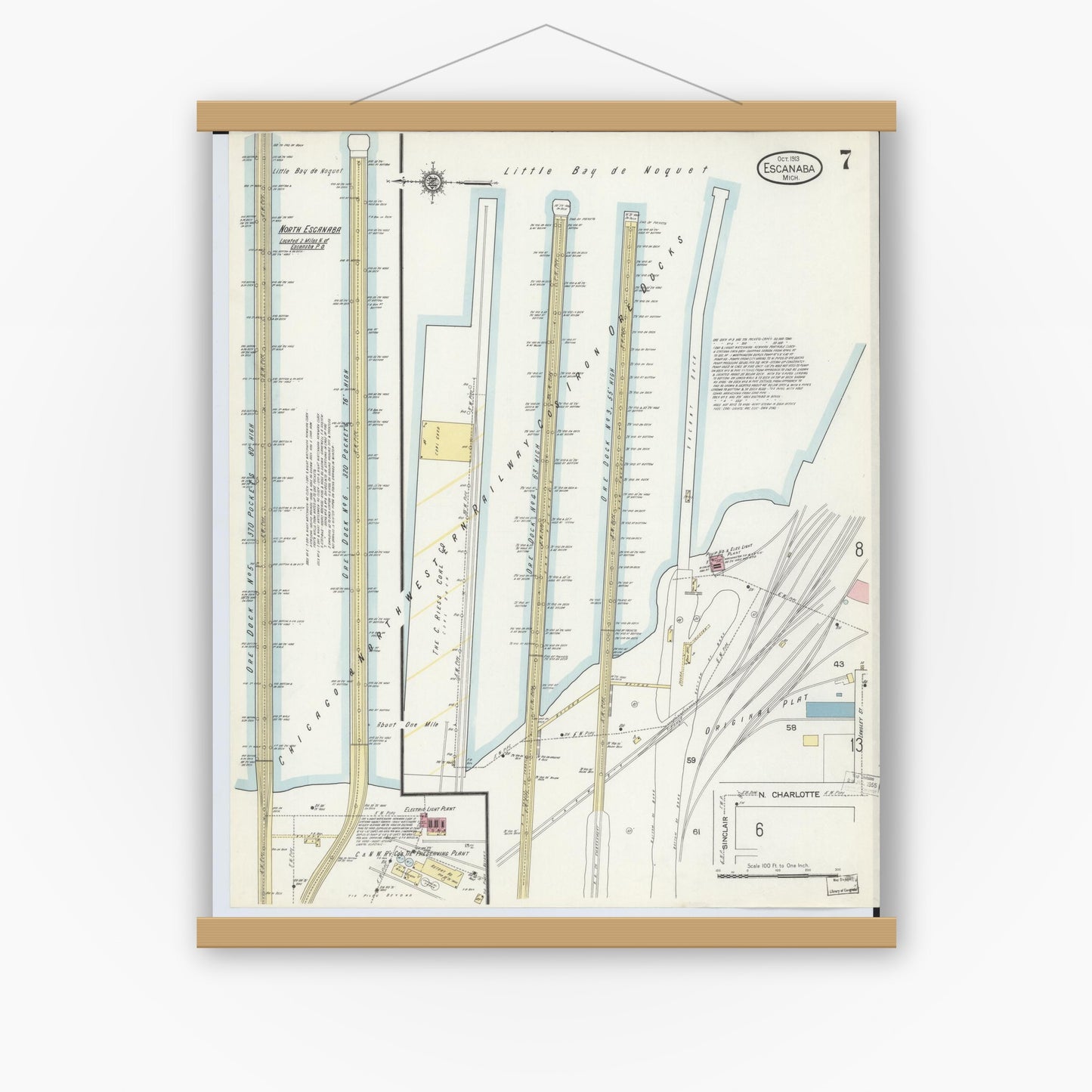 Old map wall art mockup — magnetic wood frame on white wall — Sanborn Fire Insurance Map from Escanaba, Delta County, Michigan (1913), Sheet #0007