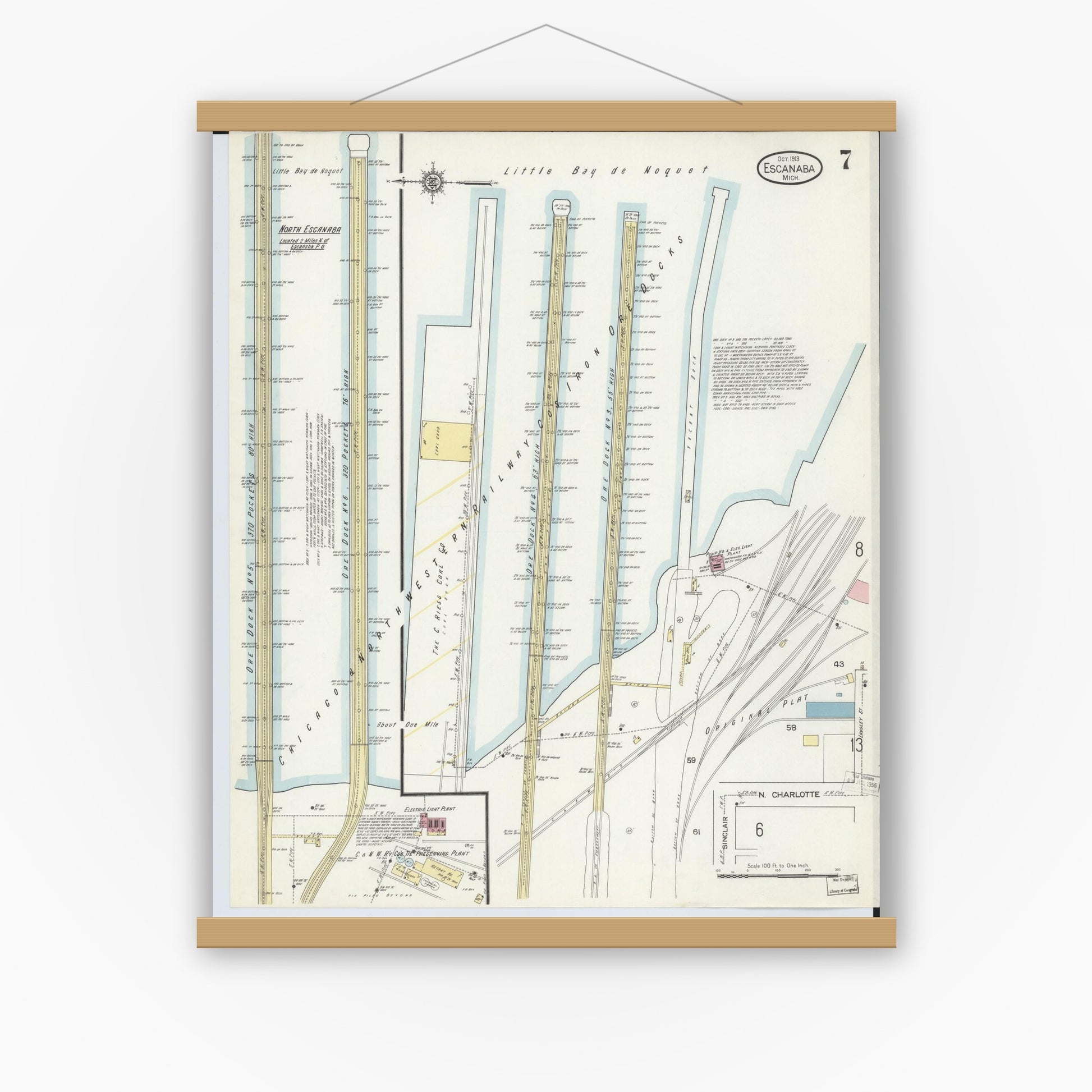 Old map wall art mockup — magnetic wood frame on white wall — Sanborn Fire Insurance Map from Escanaba, Delta County, Michigan (1913), Sheet #0007