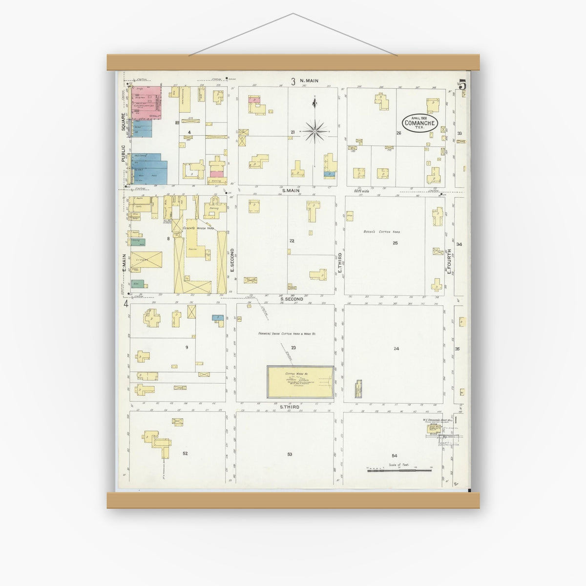 Old map wall art mockup — magnetic wood frame on white wall — Sanborn Fire Insurance Map from Comanche, Comanche County, Texas (1908), Sheet #0005