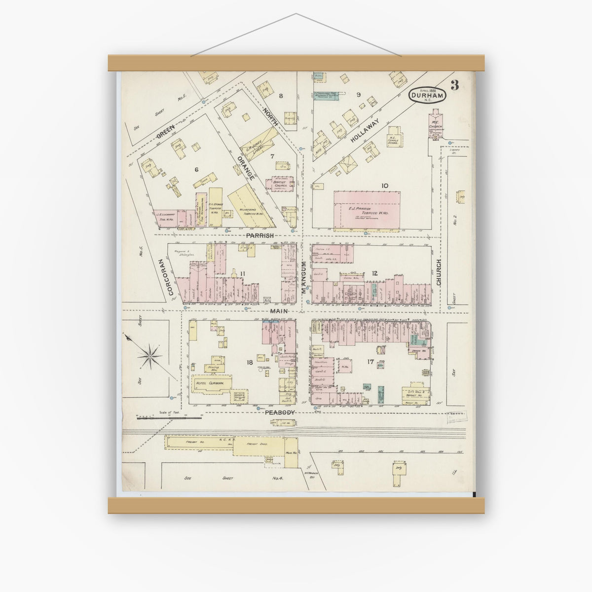 Old map wall art mockup — magnetic wood frame on white wall — Sanborn Fire Insurance Map from Durham, Durham County, North Carolina (1888), Sheet #0003