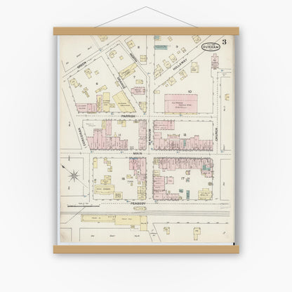 Old map wall art mockup — magnetic wood frame on white wall — Sanborn Fire Insurance Map from Durham, Durham County, North Carolina (1888), Sheet #0003