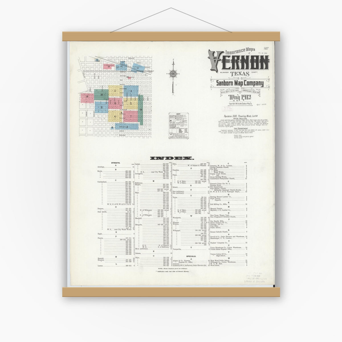 Old map wall art mockup — magnetic wood frame on white wall — Sanborn Fire Insurance Map from Vernon, Wilbarger County, Texas (1912), Sheet #0001