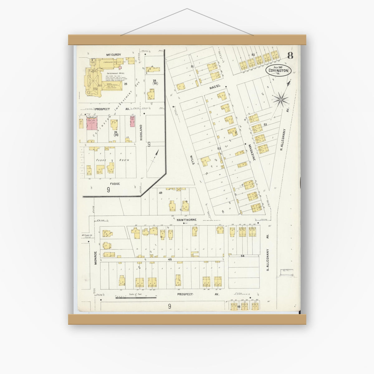 Old map wall art mockup — magnetic wood frame on white wall — Sanborn Fire Insurance Map from Covington, Independent Cities, Virginia (1907), Sheet #0008