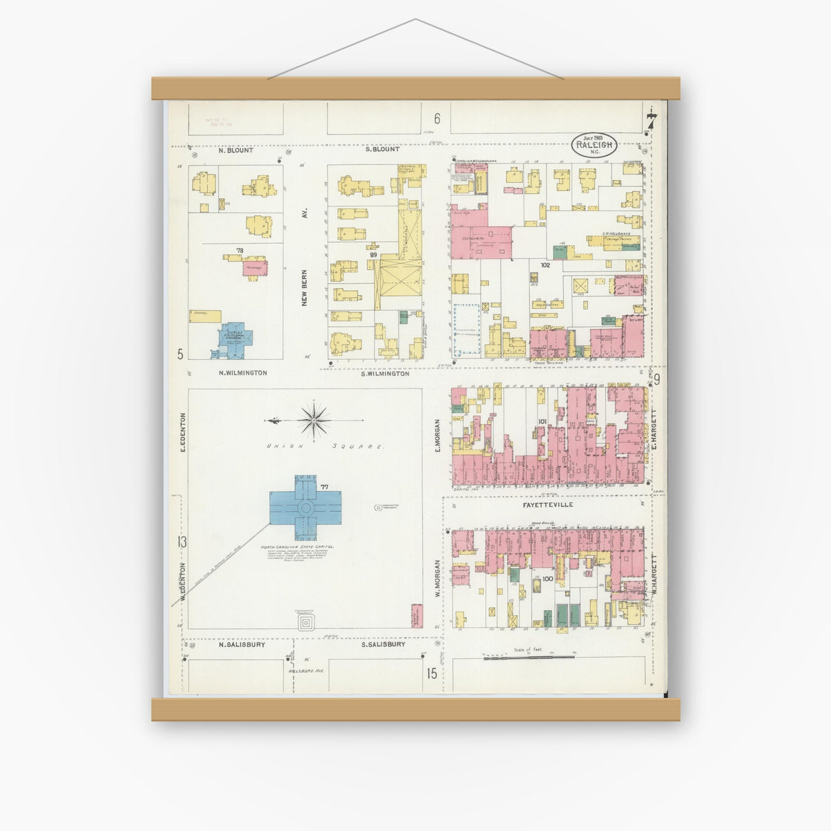 Old map wall art mockup — magnetic wood frame on white wall — Sanborn Fire Insurance Map from Raleigh, Wake County, North Carolina (1903), Sheet #0007